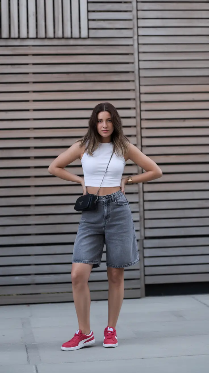 cute Y2K summer outfits 2026 Relaxed Denim Bermuda Shorts And Sporty Crop Top