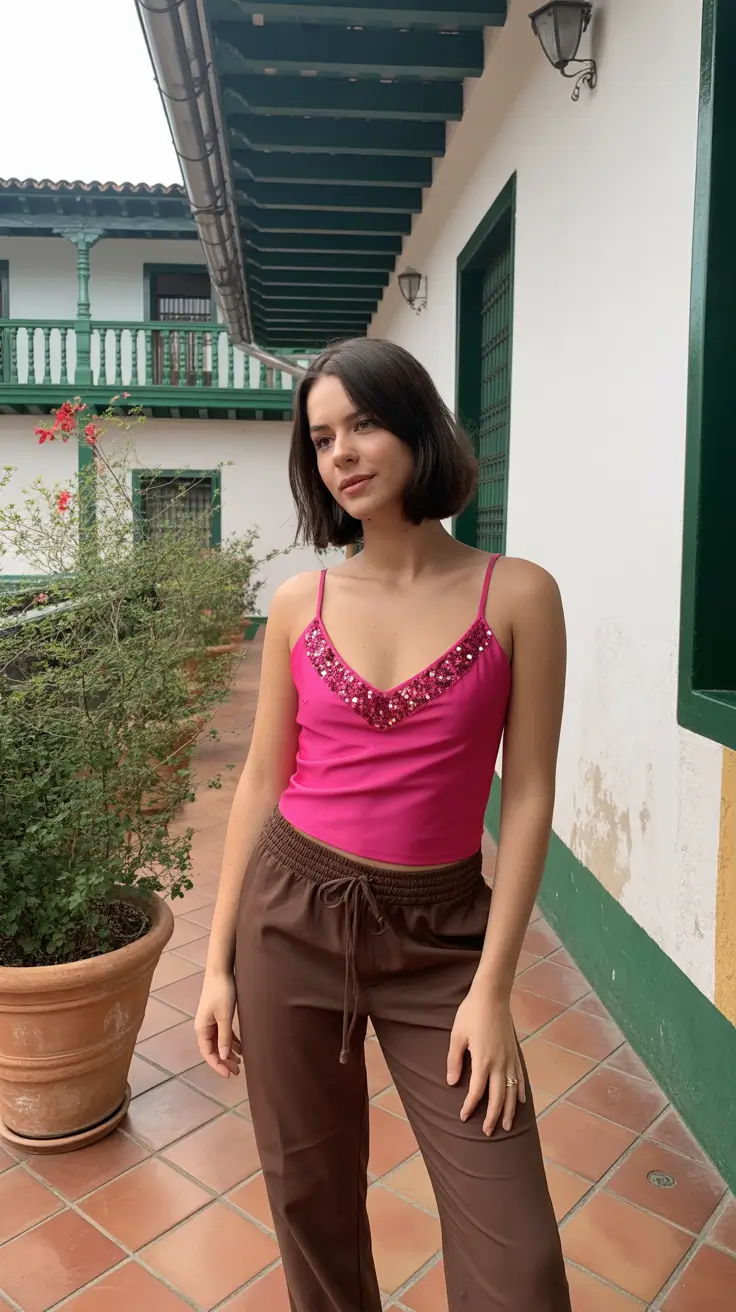 cute Y2K summer outfits 2026 Bright Statement Cami And Relaxed Y2K Lounge Fit