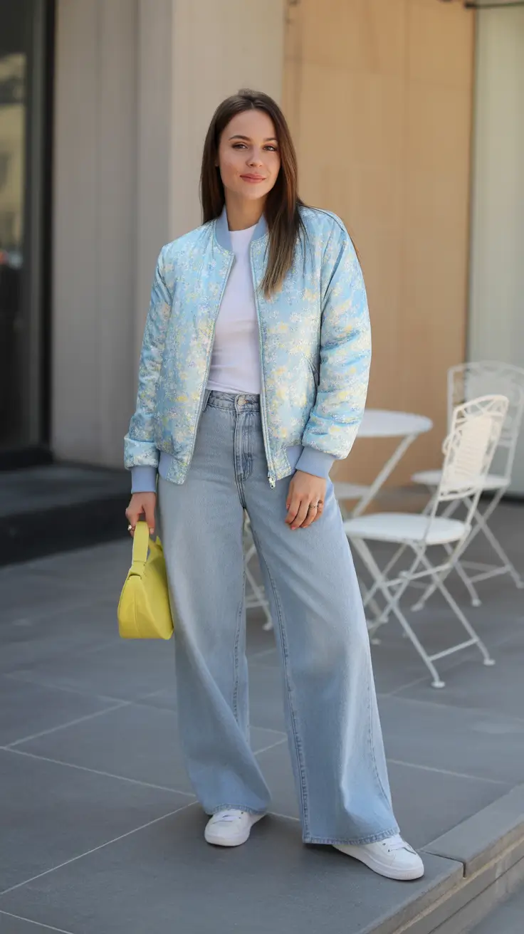 stylish denim spring outfits 2026 Light Wash Wide Leg Denim With Pastel Spring Layers