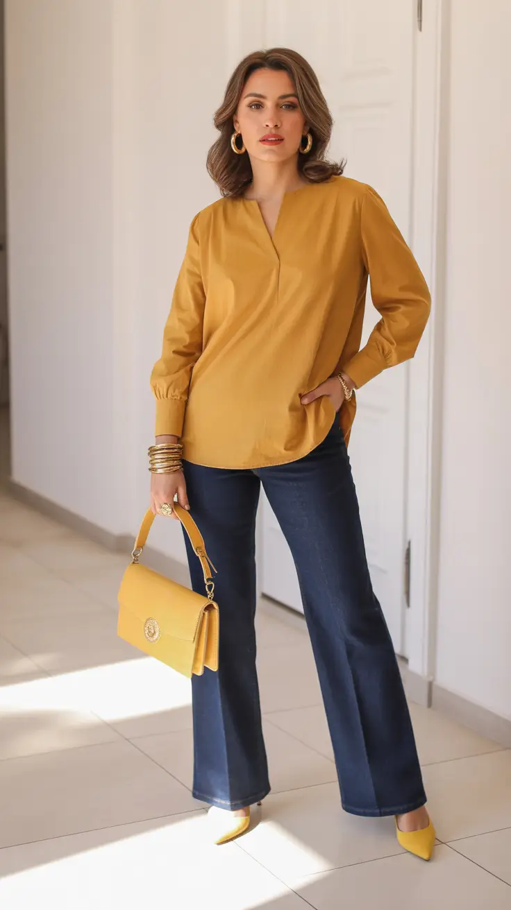 stylish denim spring outfits 2026 Dark Wash Denim With Elegant Golden Spring Tones