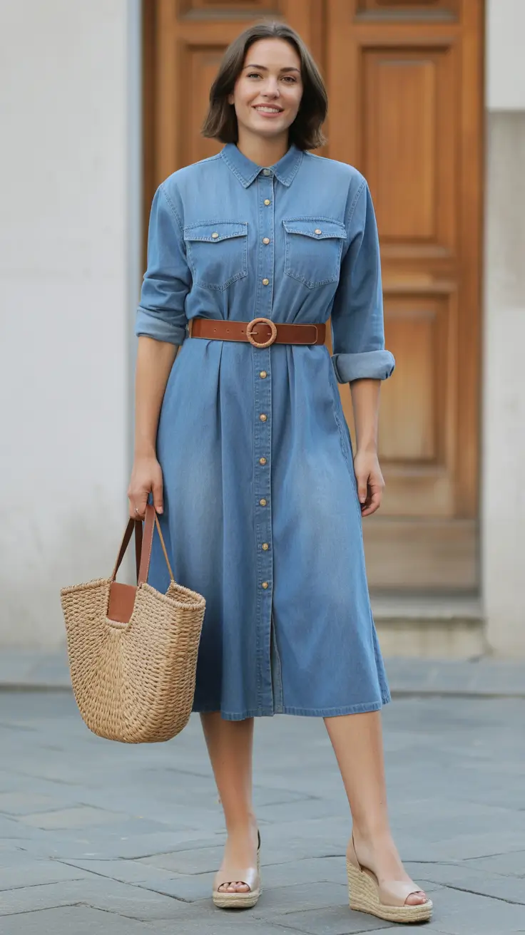 stylish denim spring outfits 2026 Soft Blue Denim Dress For Effortless Spring Style
