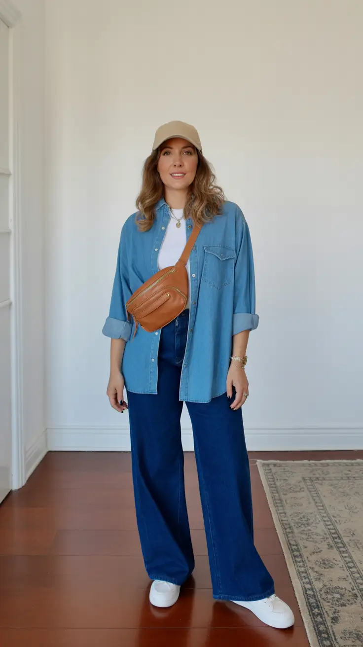 stylish denim spring outfits 2026 Double Denim With Wide Leg Dark Blue Jeans
