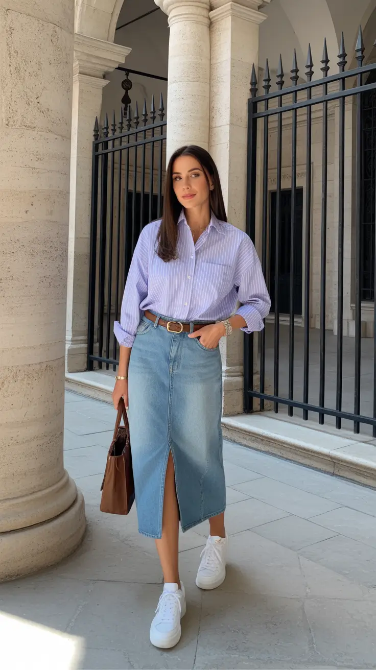 stylish denim spring outfits 2026 Light Wash Denim Skirt With Classic Spring Layers