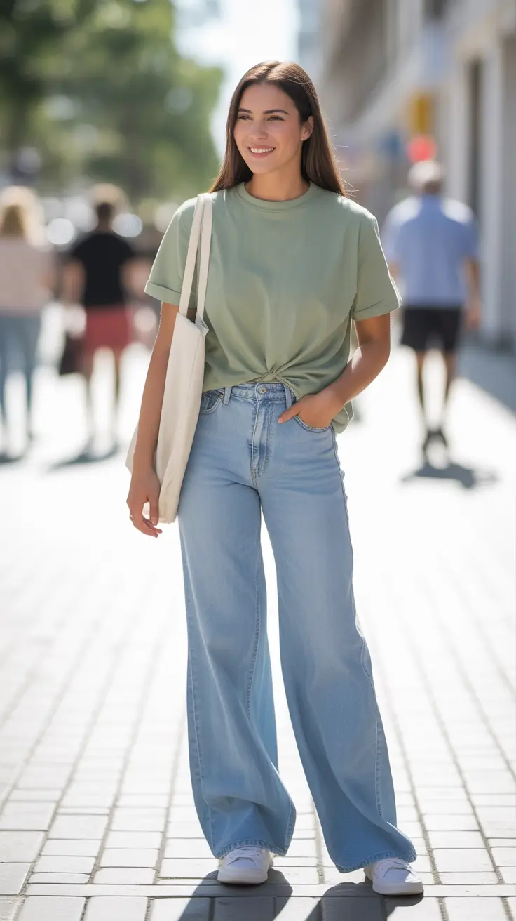 stylish denim spring outfits 2026 Relaxed Light Wash Wide Leg Denim With Soft Green Casual Tee