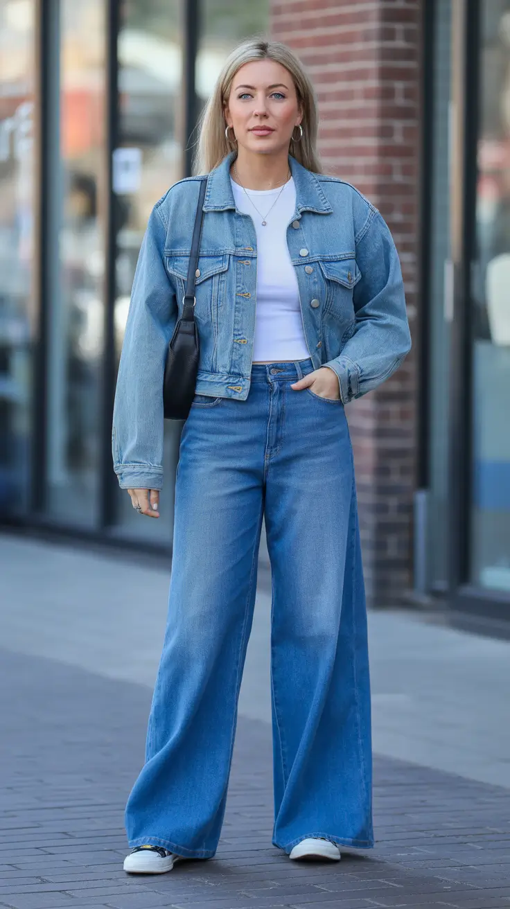 stylish denim spring outfits 2026 Modern Double Denim With Cropped Jacket And Wide Leg Blue Jeans