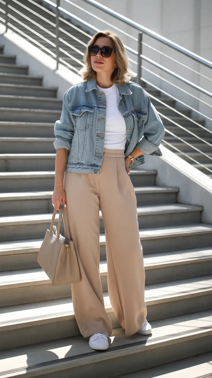 stylish denim spring outfits 2026 Light Denim Jacket With Neutral Tailored Trousers