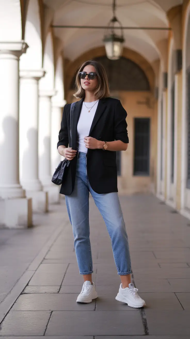 stylish denim spring outfits 2026 Classic Light Blue Denim With Black Blazer Contrast