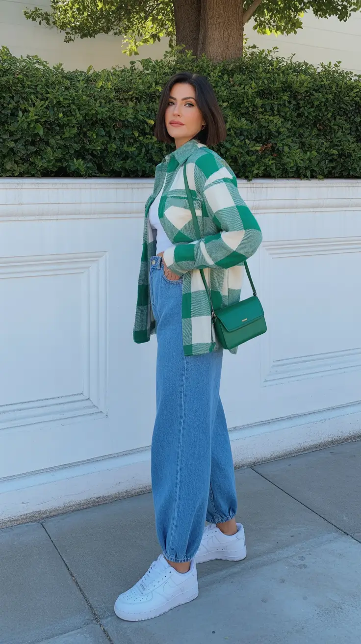stylish denim spring outfits 2026 Green Plaid Layered With Relaxed Blue Denim