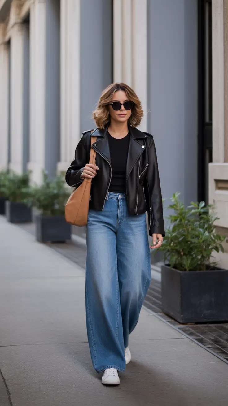 stylish denim spring outfits 2026 Dark Leather Jacket With Wide Leg Blue Denim