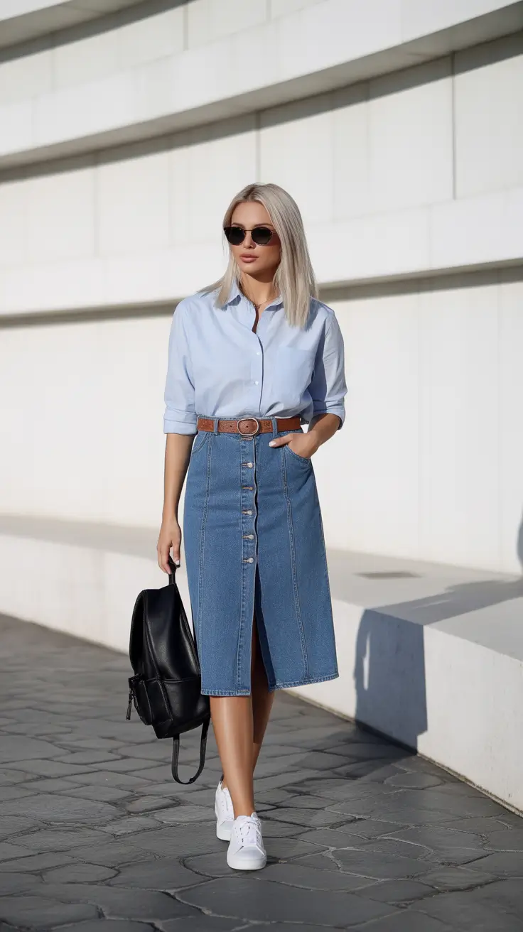 stylish denim spring outfits 2026 Denim Skirt With Button Front And Classic Spring Shirt