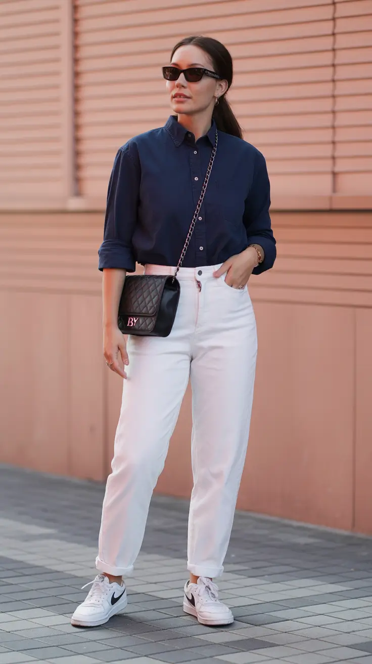 stylish denim spring outfits 2026 Dark Blue Shirt With Crisp White Denim Balance