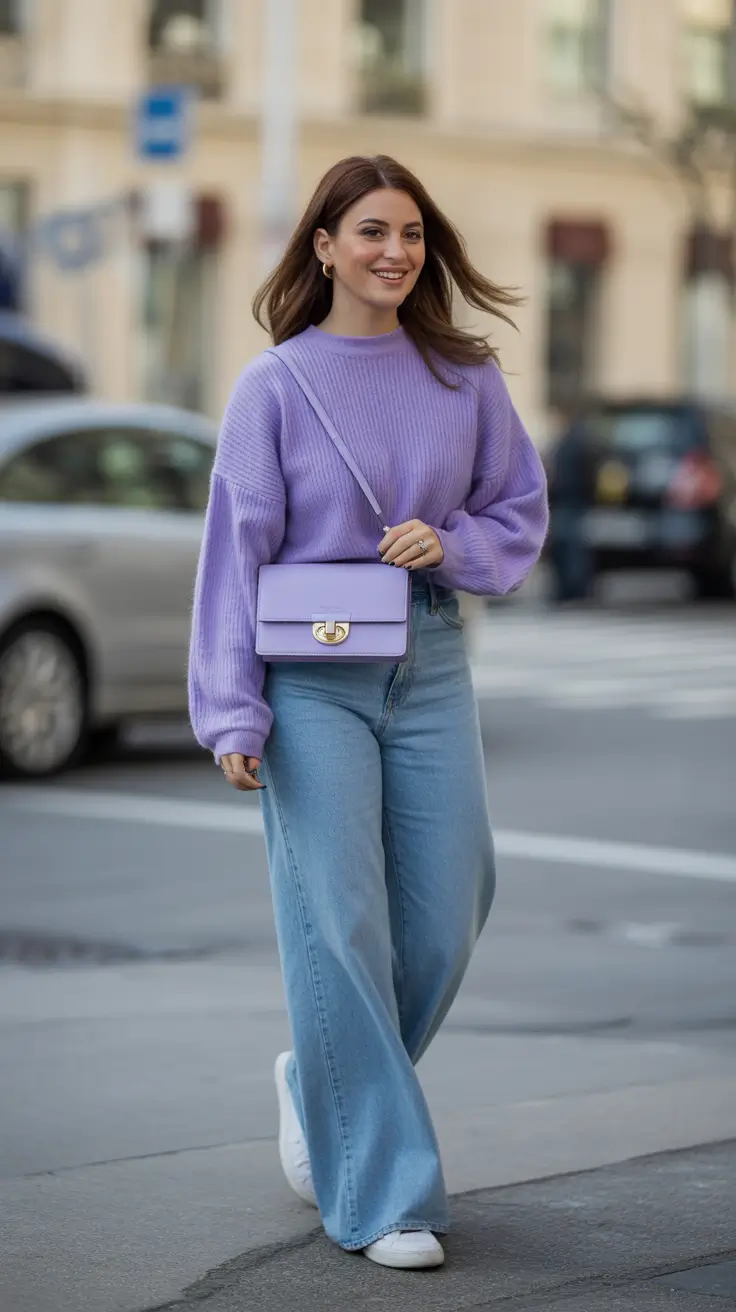 stylish denim spring outfits 2026 Soft Lavender Knit With Light Wash Wide Leg Denim