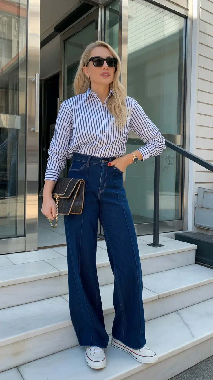 stylish denim spring outfits 2026 Polished Dark Blue Wide Leg Denim With Classic Shirt Styling