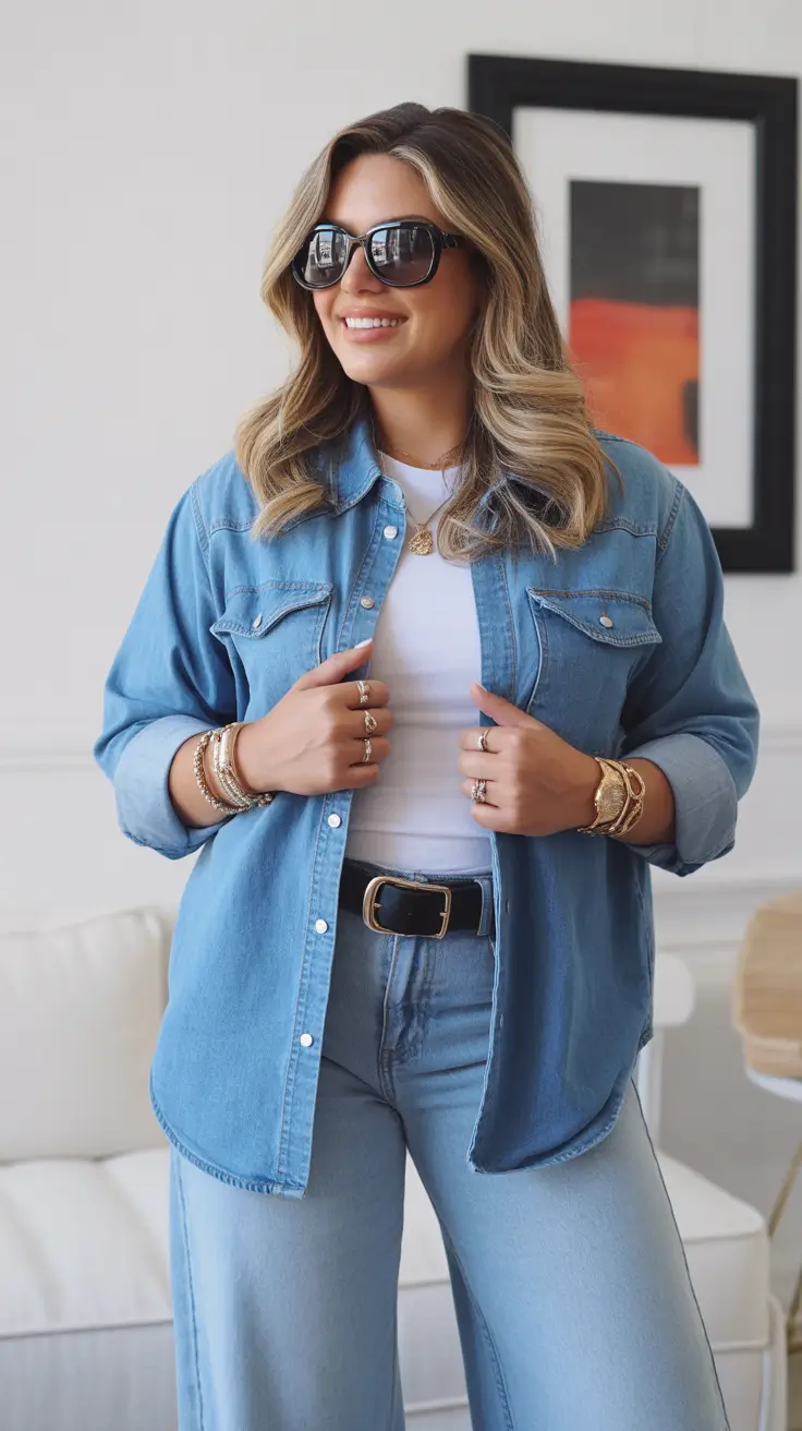 stylish denim spring outfits 2026 Light Blue Denim Shirt Layered Over Classic White Basics