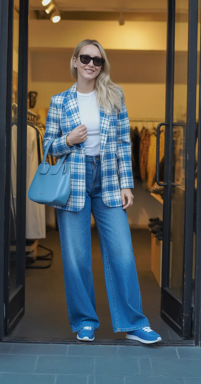 Vibrant Every Day Spring Outfits 2026 Blue Plaid Blazer With Relaxed Denim And Sneakers