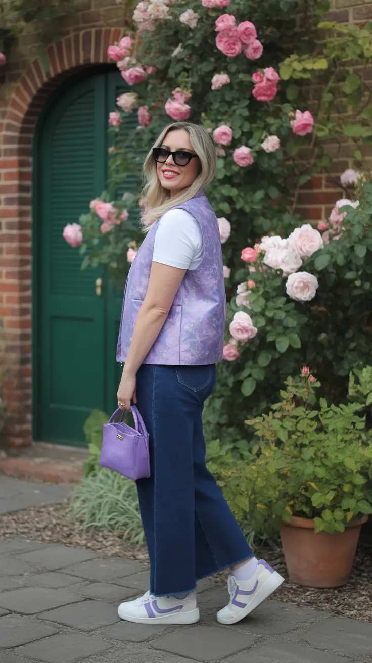 every day spring outfits 2026 Lavender Vest And Dark Denim For Soft Feminine Spring Style