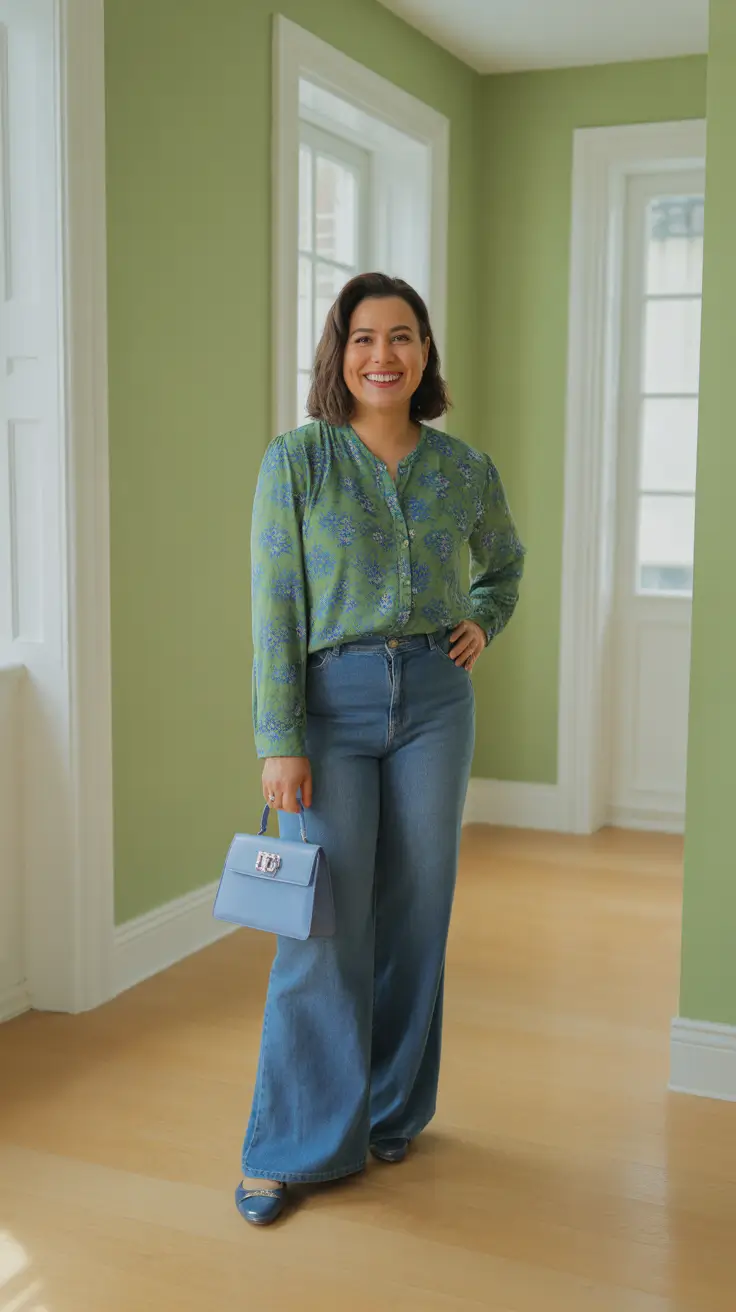 every day spring outfits 2026 Green Printed Blouse With Wide Denim For Relaxed Chic Confidence