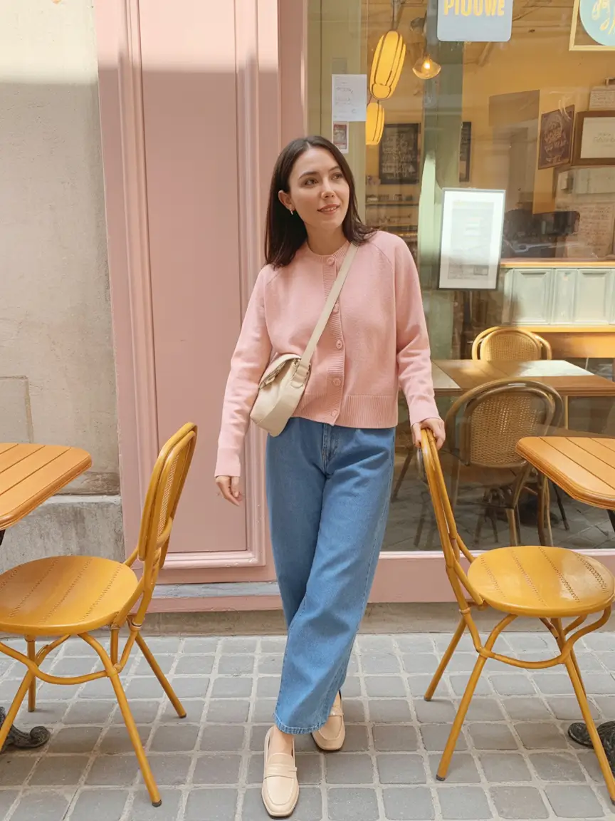 every day spring outfits 2026 Soft Pink Cardigan And Relaxed Denim For Parisian Inspired Spring Days