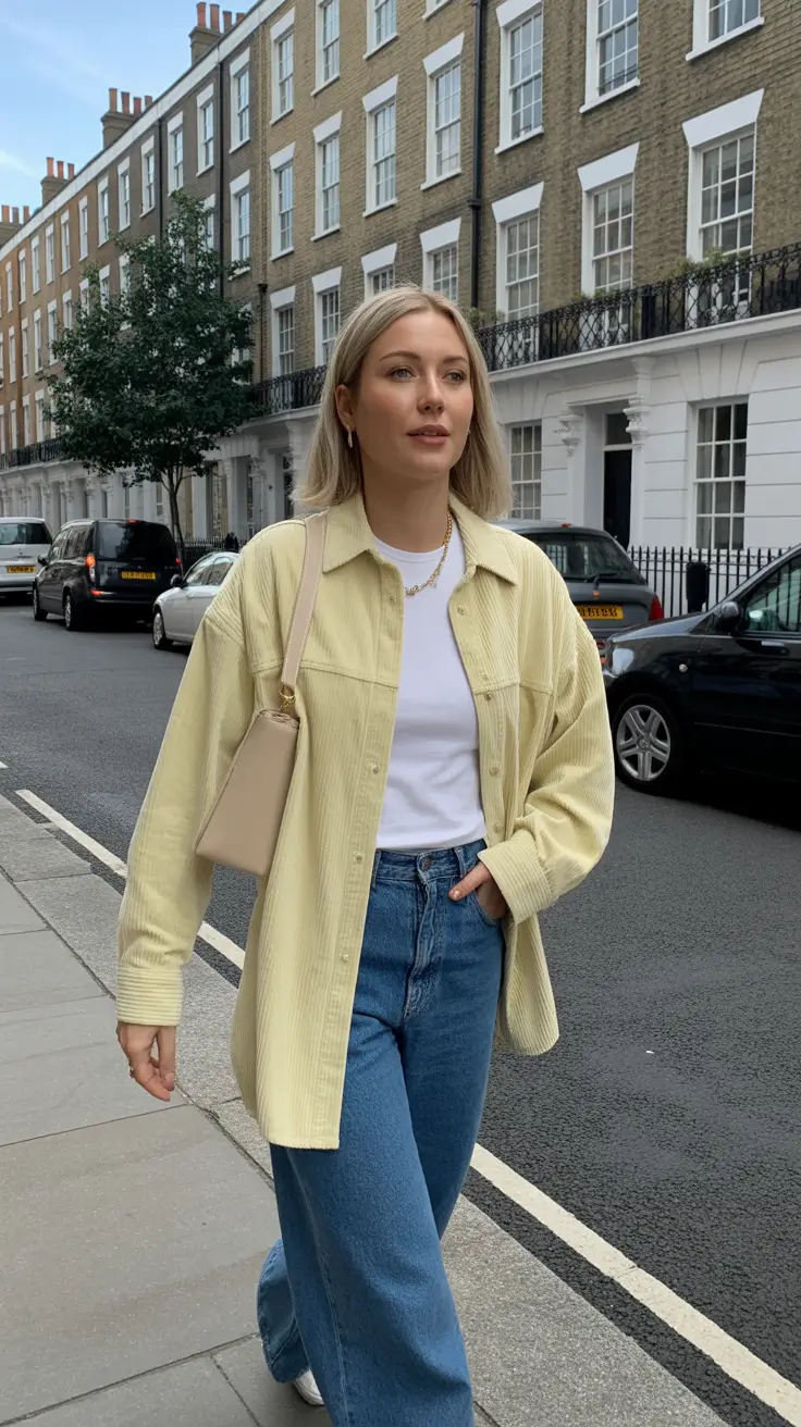 every day spring outfits 2026 Light Yellow Overshirt And Classic Denim For Fresh Urban Minimalism