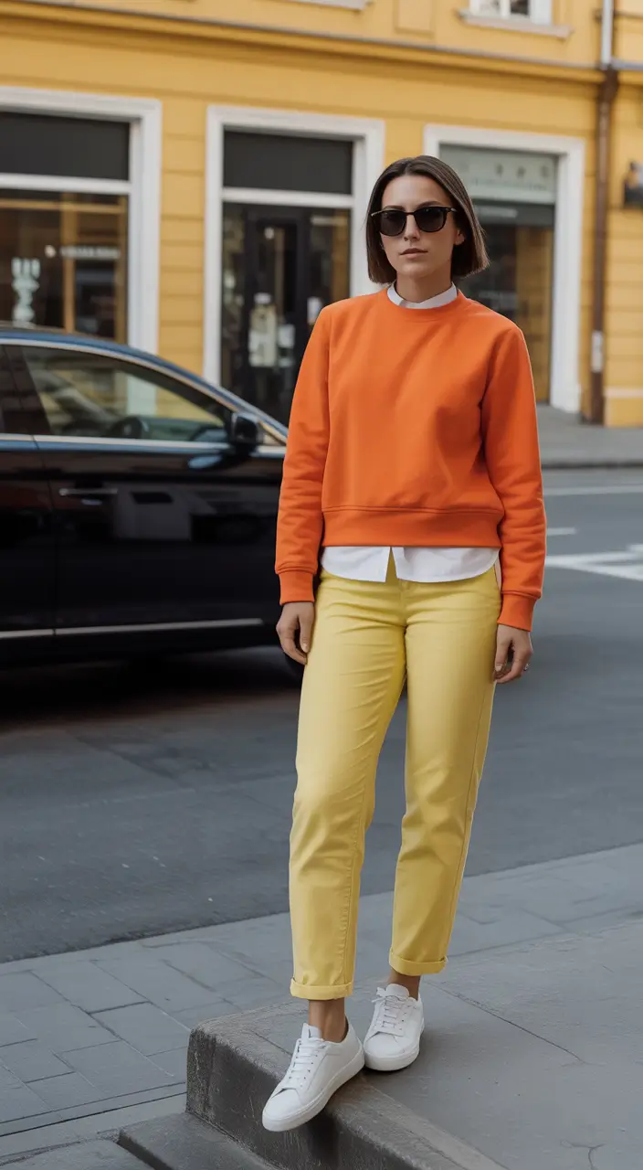 every day spring outfits 2026 Bold Orange Sweatshirt With Soft Yellow Trousers