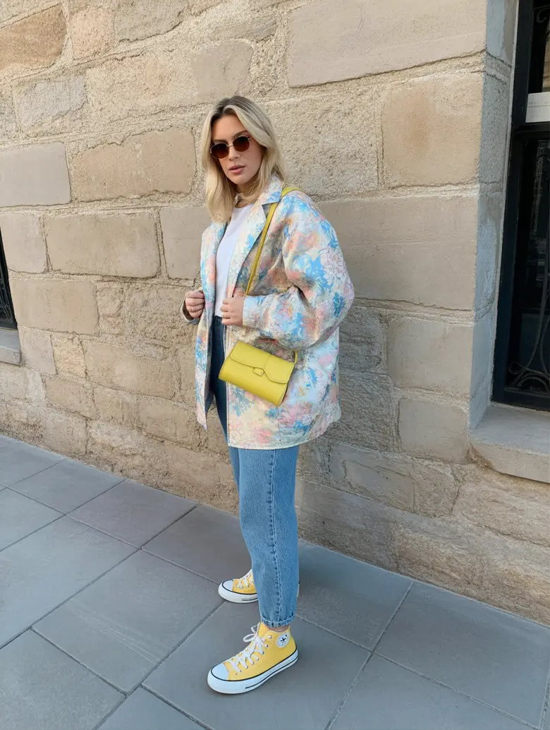 every day spring outfits 2026 Pastel Pattern Jacket With Denim And Yellow Sneakers
