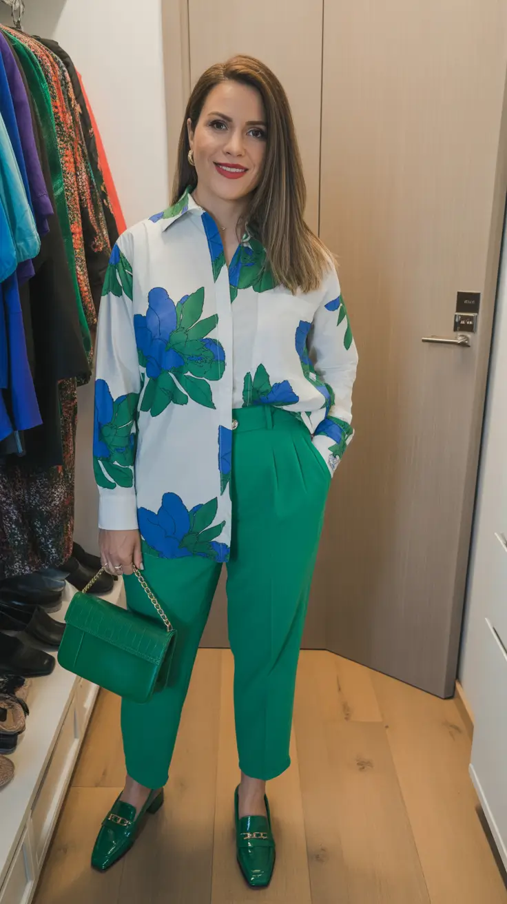 every day spring outfits 2026 Floral Blouse With Emerald Tailored Trousers