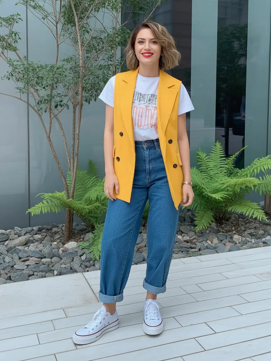 every day spring outfits 2026 Yellow Tailored Vest With Relaxed Denim