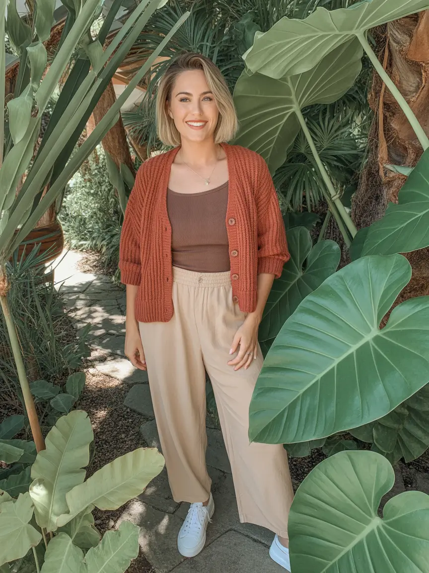 every day spring outfits 2026 Rust Cardigan With Soft Neutral Spring Layers