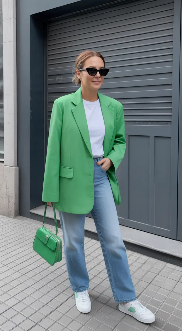 every day spring outfits 2026 Bright Green Blazer With Classic Denim