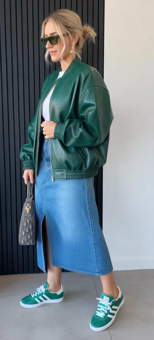 every day spring outfits 2026 Green Bomber And Denim Midi For Modern Casual Energy