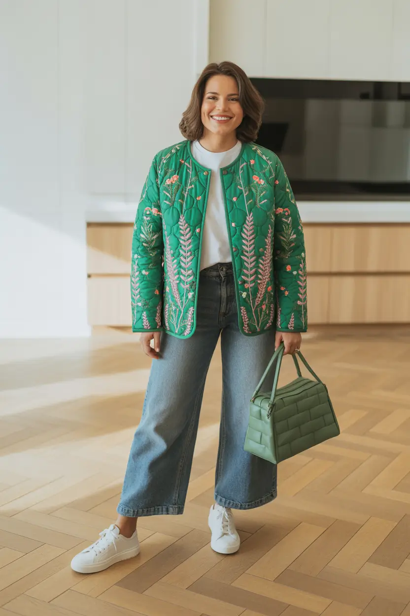Vibrant Every Day Spring Outfits 2026 Fresh Green Embroidered Jacket With Relaxed Denim