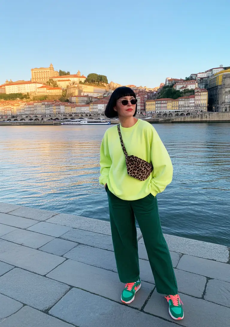 Vibrant Every Day Spring Outfits 2026 Playful Neon Sweatshirt With Sporty Green Trousers