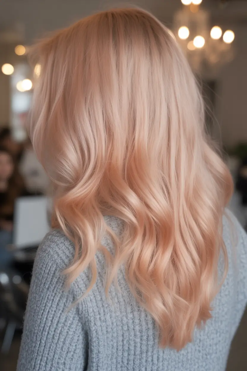 may hair color ideas 2026 Soft Peach Blonde Melt With Glossy Waves