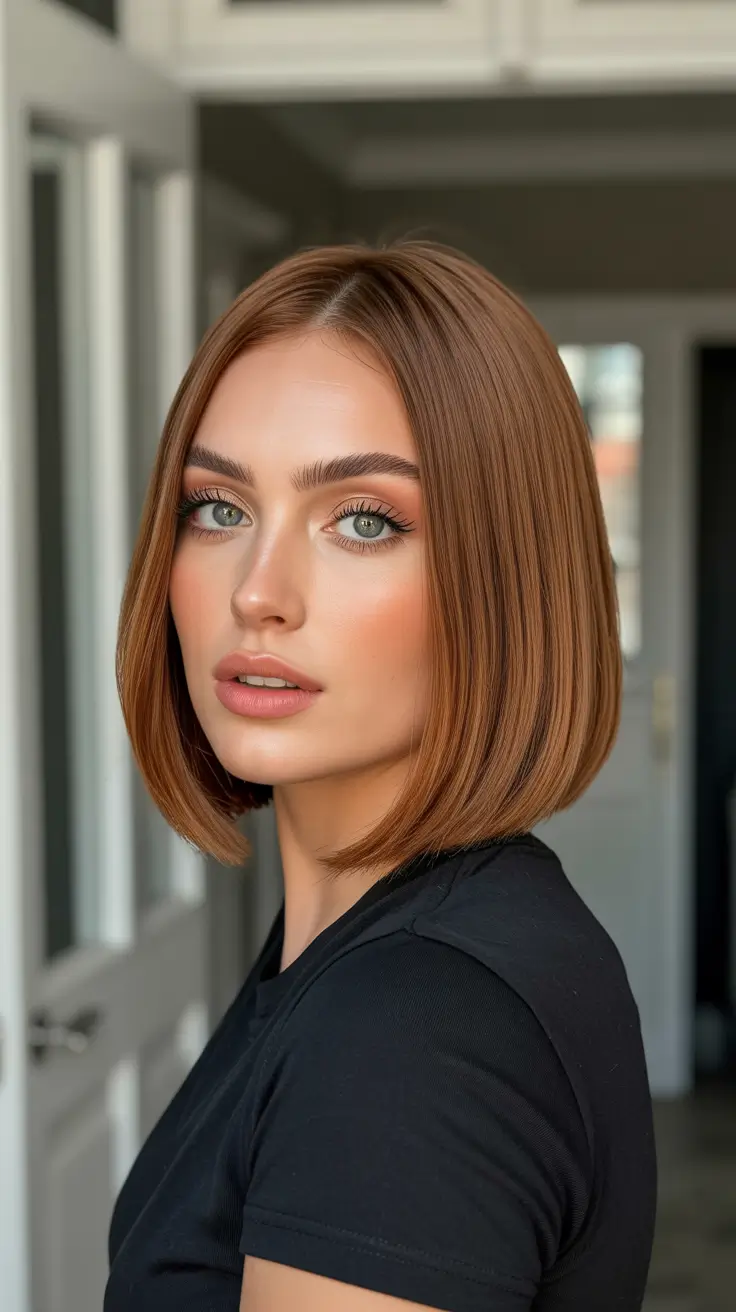 may hair color ideas 2026 Sleek Copper Bob With Glassy Finish