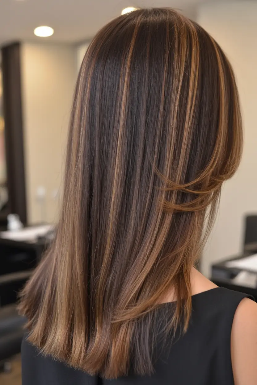 may hair color ideas 2026 Soft Mocha Layers With Golden Ribbon Highlights