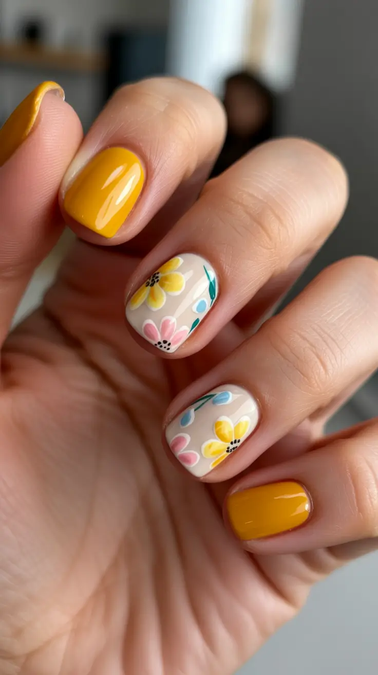 may nails ideas 2026 Sunny Daisy Pop With Soft Neutrals