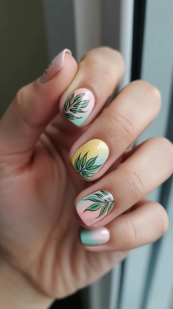 may nails ideas 2026 Pastel Leaf Gradient With Soft Botanical Lines