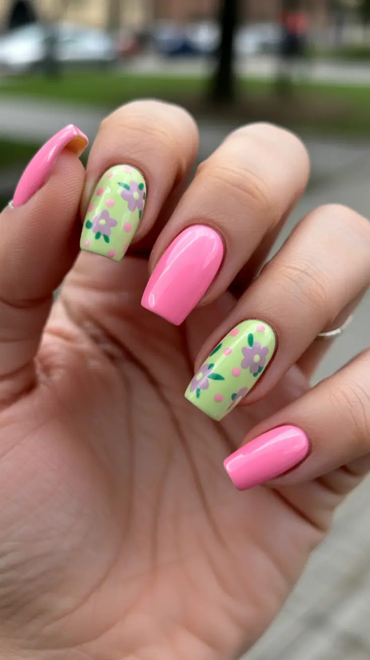 may nails ideas 2026 Playful Pink And Lime Floral Contrast