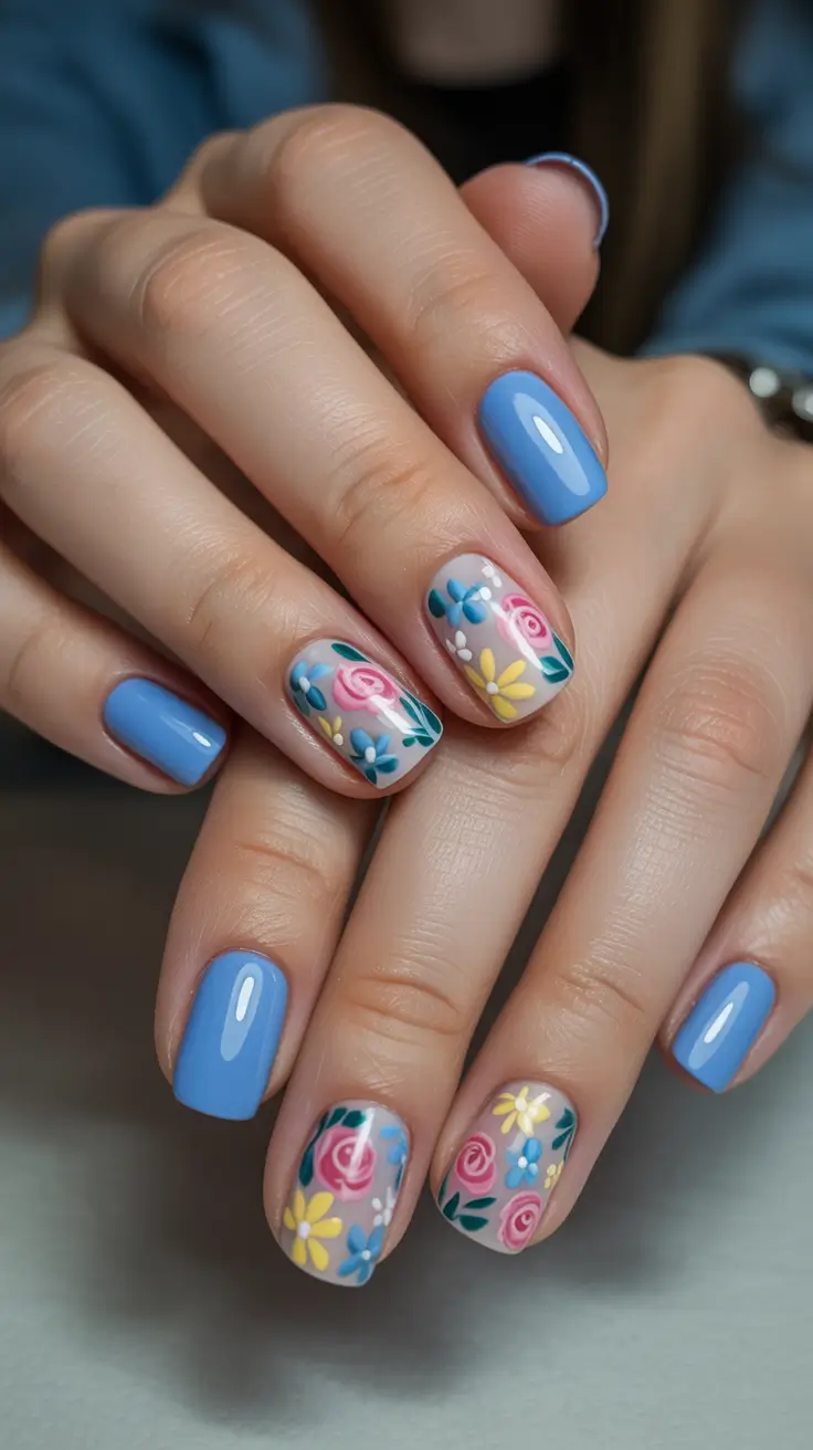 may nails ideas 2026 Glossy Blue Garden With Delicate Florals
