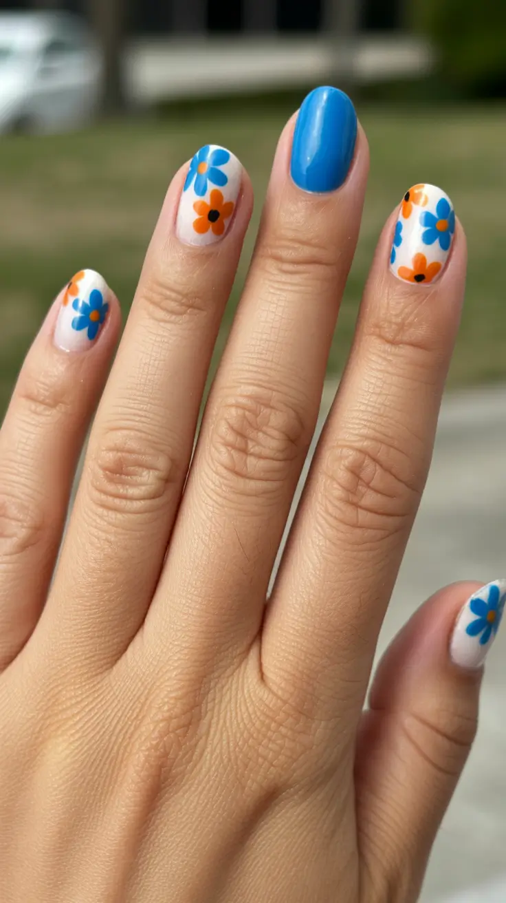 may nails ideas 2026 Retro Blue And Orange Daisy Mix
