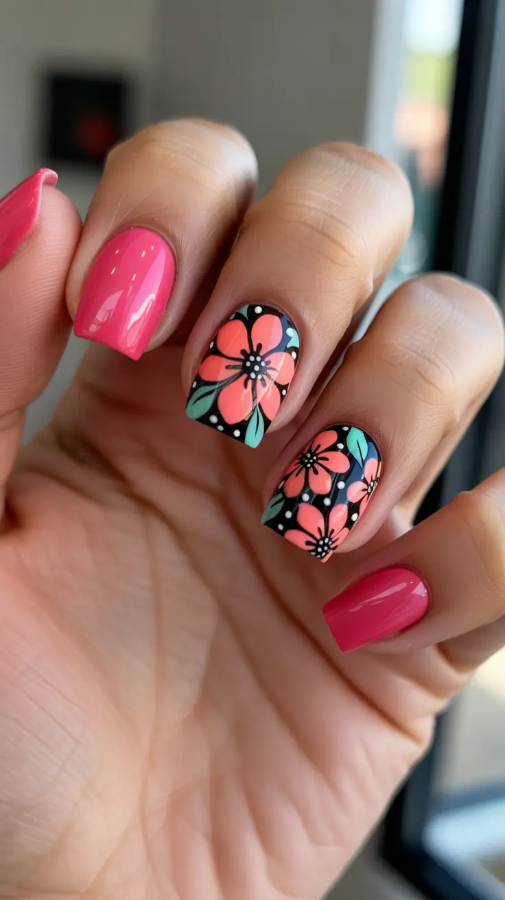 may nails ideas 2026 Hot Pink Florals With A Graphic Twist