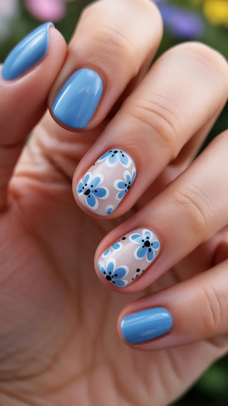 may nails ideas 2026 Soft Light Blue Florals With A Minimal Base