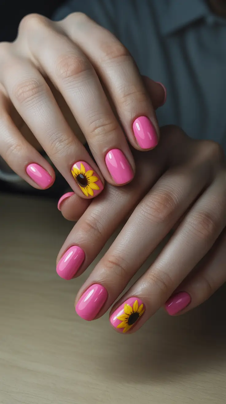 may nails ideas 2026 Sunny Pink With Playful Sunflower Accents