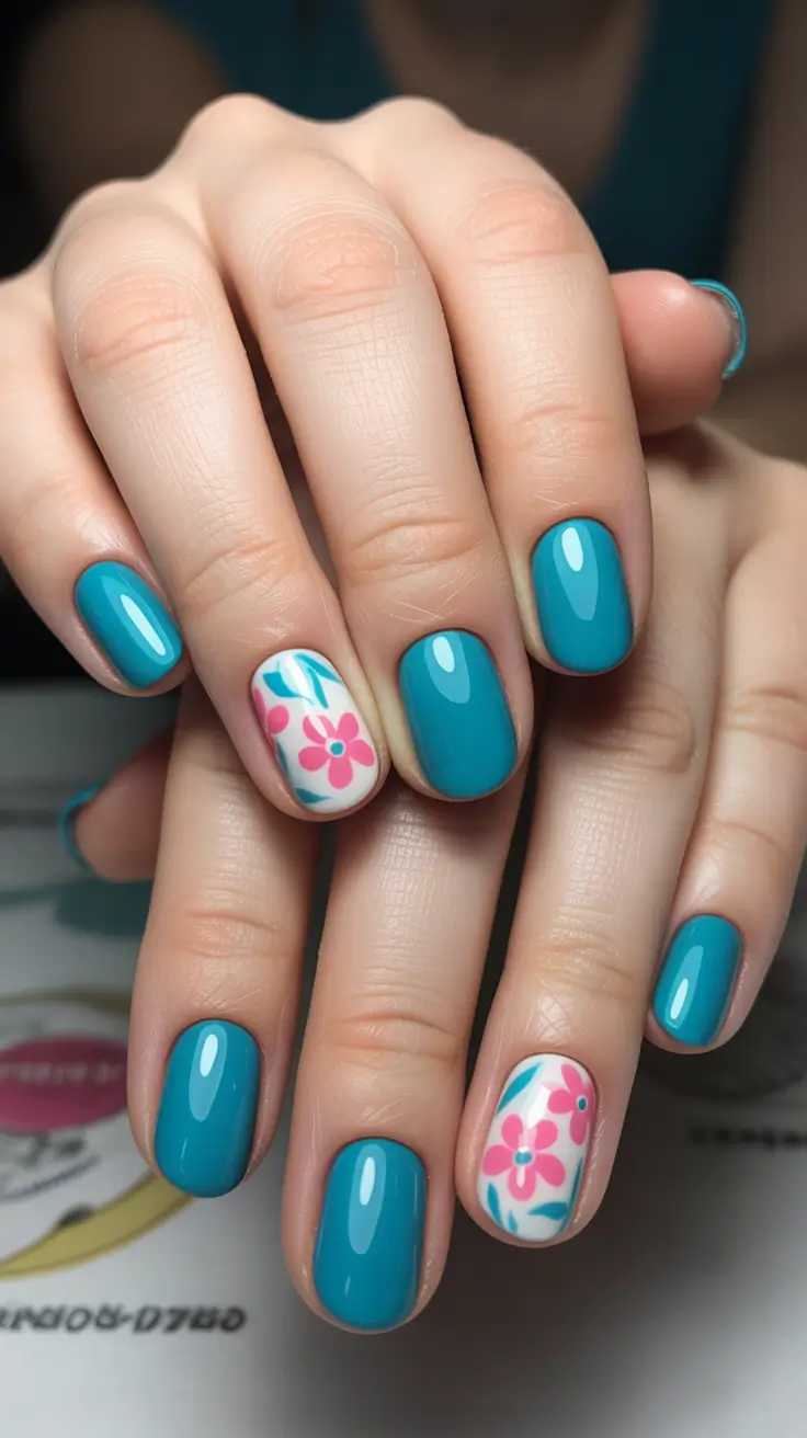 may nails ideas 2026 Turquoise Bloom Minimal With Accent Florals