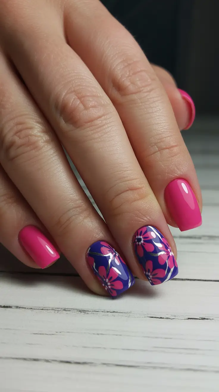 may nails ideas 2026 Pink And Purple Floral Contrast With A Bold Base