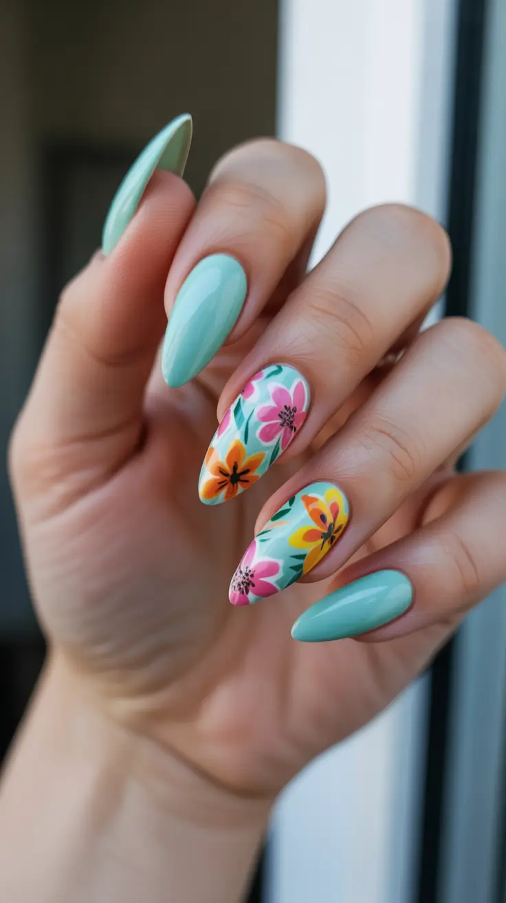 may nails ideas 2026 Mint Fresh Stiletto Florals