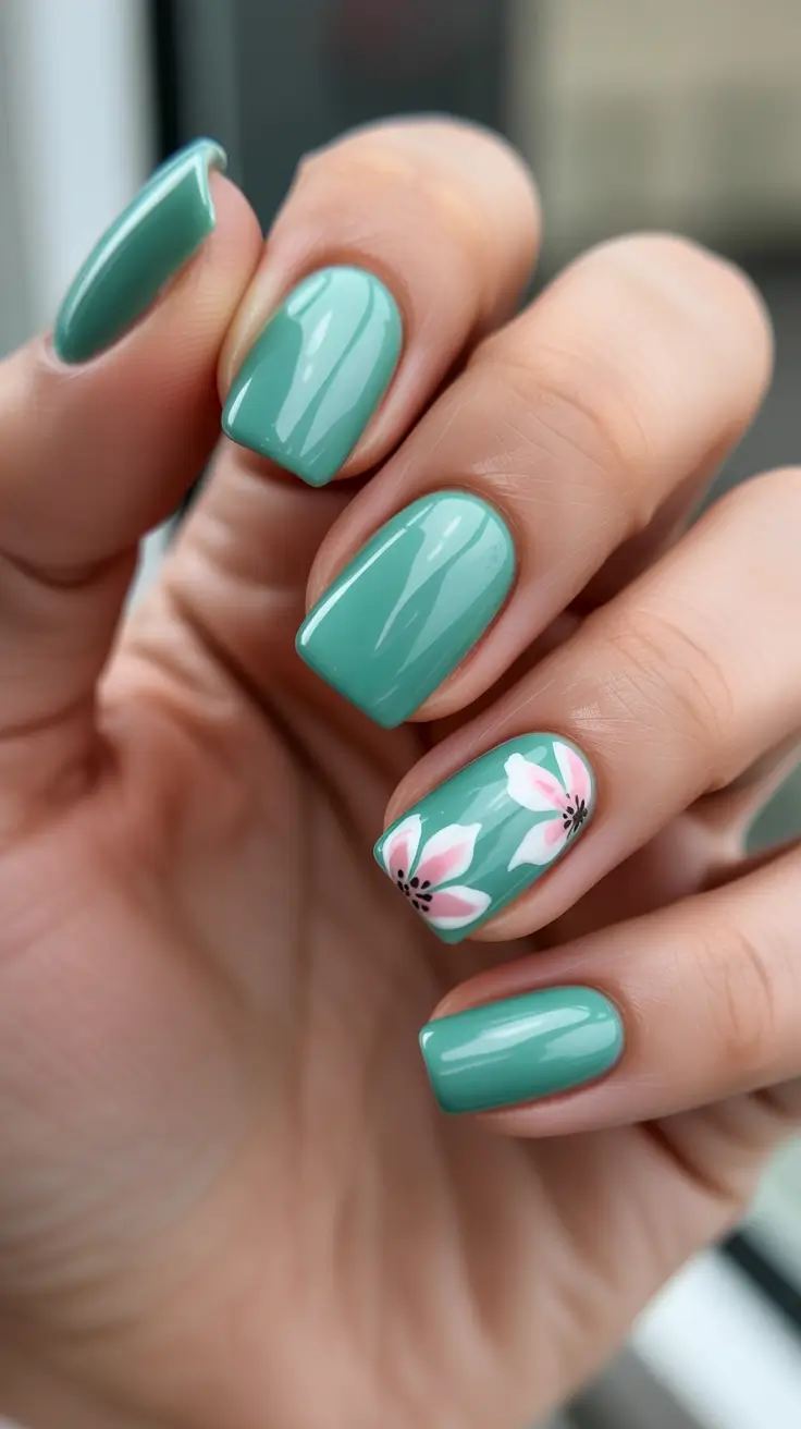 may nails ideas 2026 Soft Green Gloss With A Hint Of Blossom