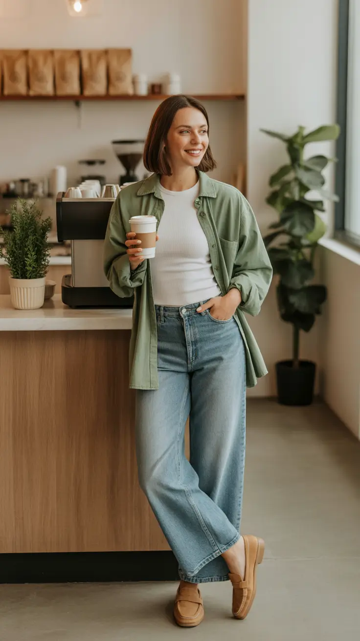 outfits ideas may 2026 Relaxed Coffee Run Layers With Effortless Denim
