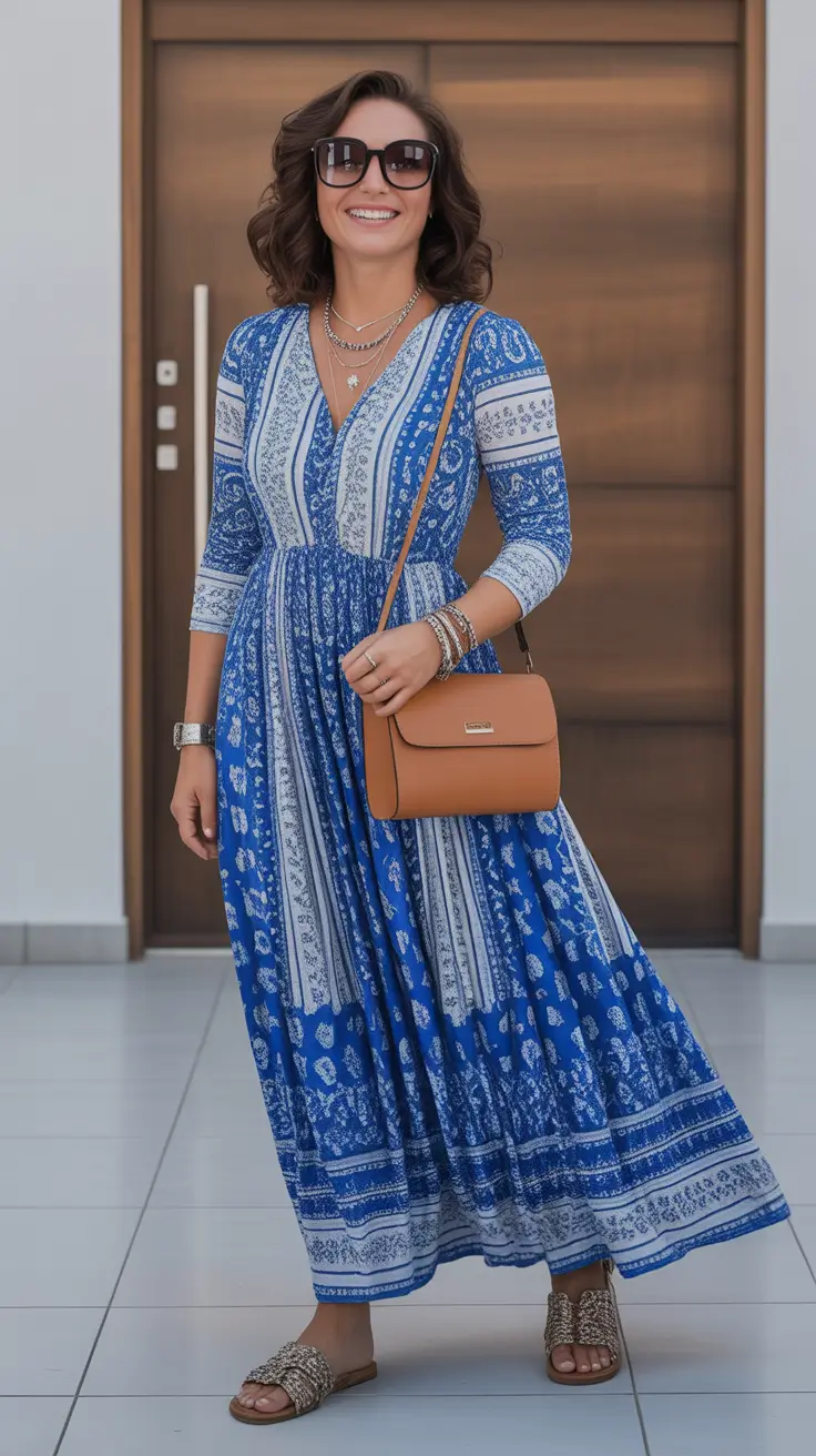 outfits ideas may 2026 Flowing Blue Print Dress With Vacation Energy