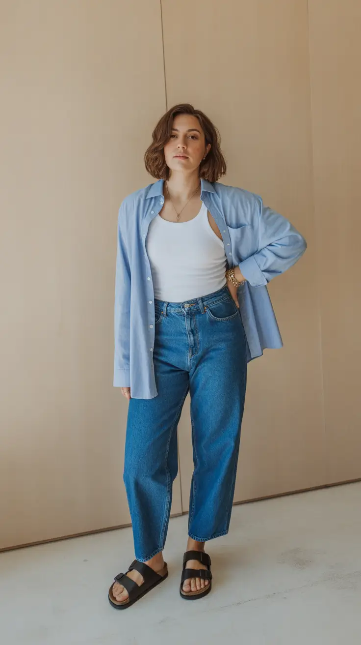 may outfits ideas 2026 Relaxed Blue Layers With Oversized Shirt And Straight Jeans